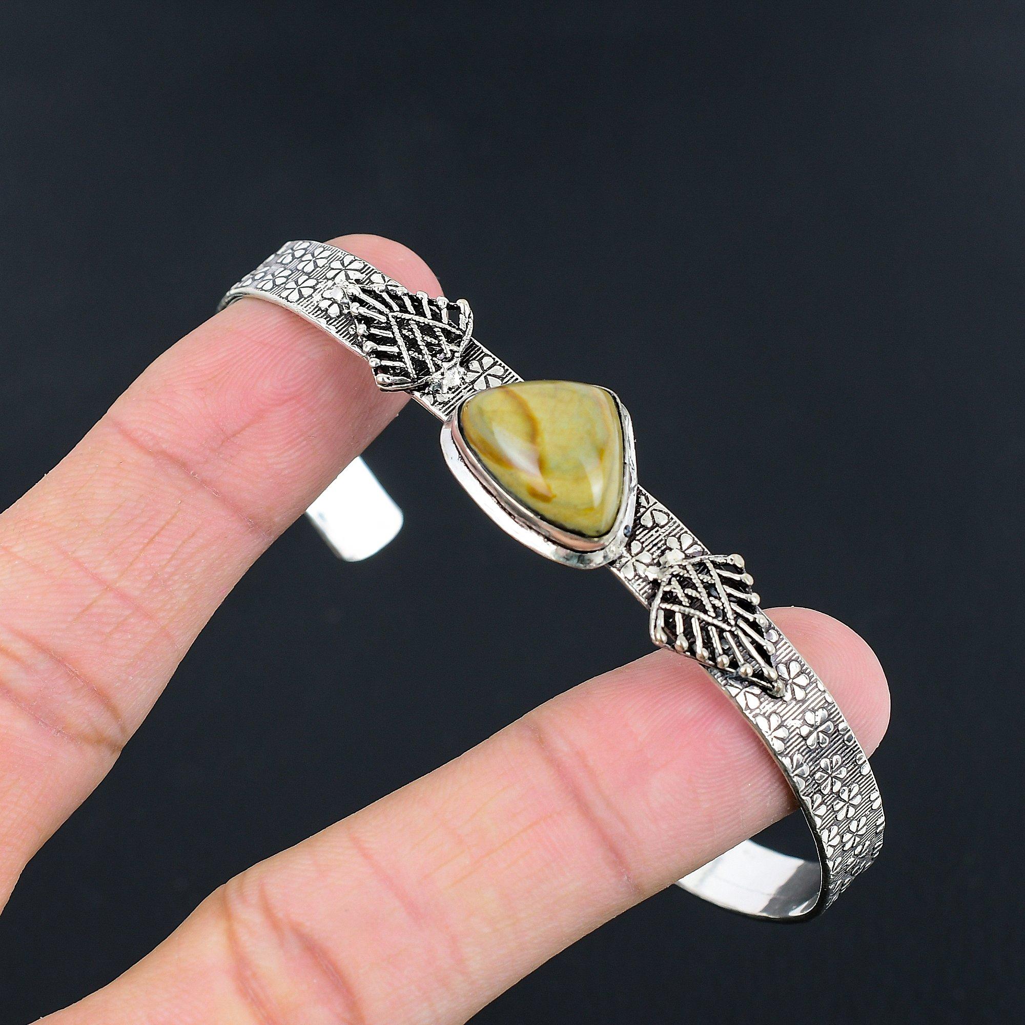 

Trillion Landscape Jasper Gemstone Sterling Silver Wedding New Sister Bangle Adjustable