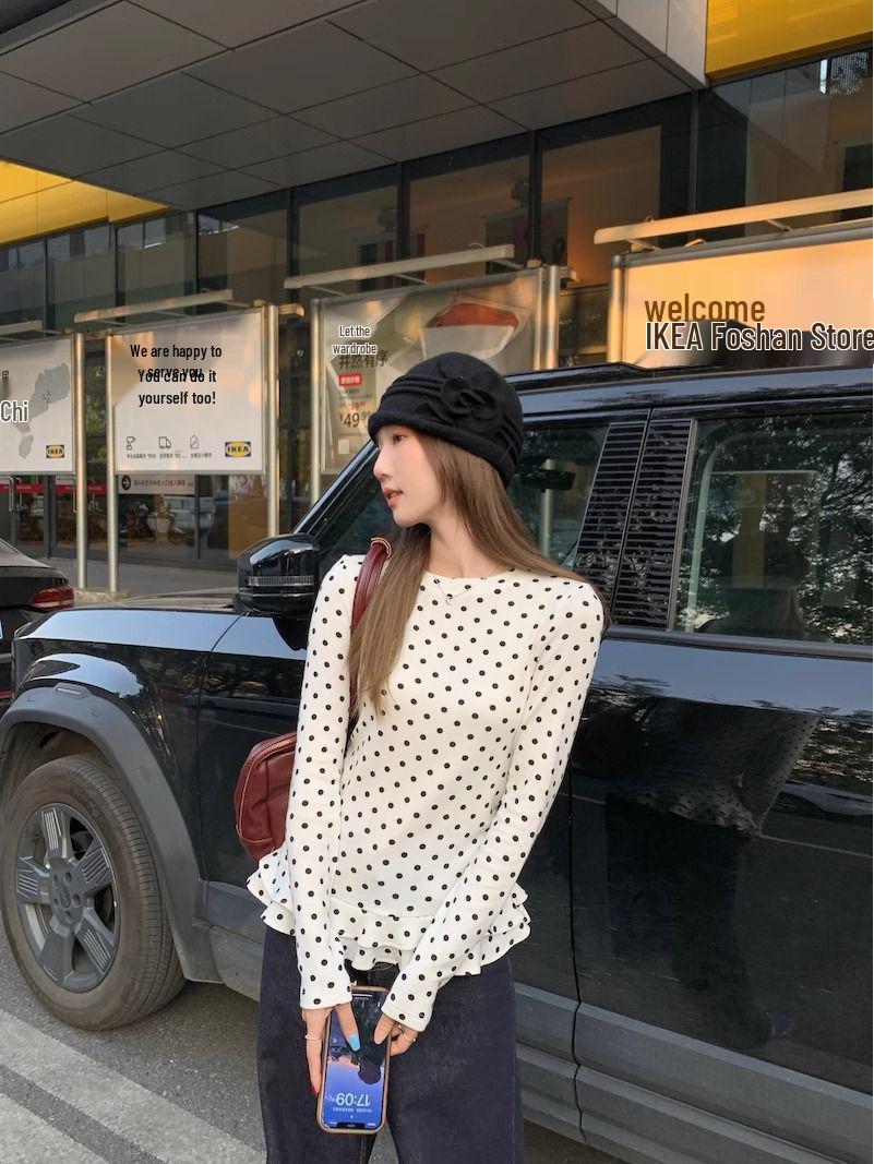 

Женская белая блузка с длинными рукавами и оборками в горошек - Приталенный крой Коллекция Лето 2025 Medium