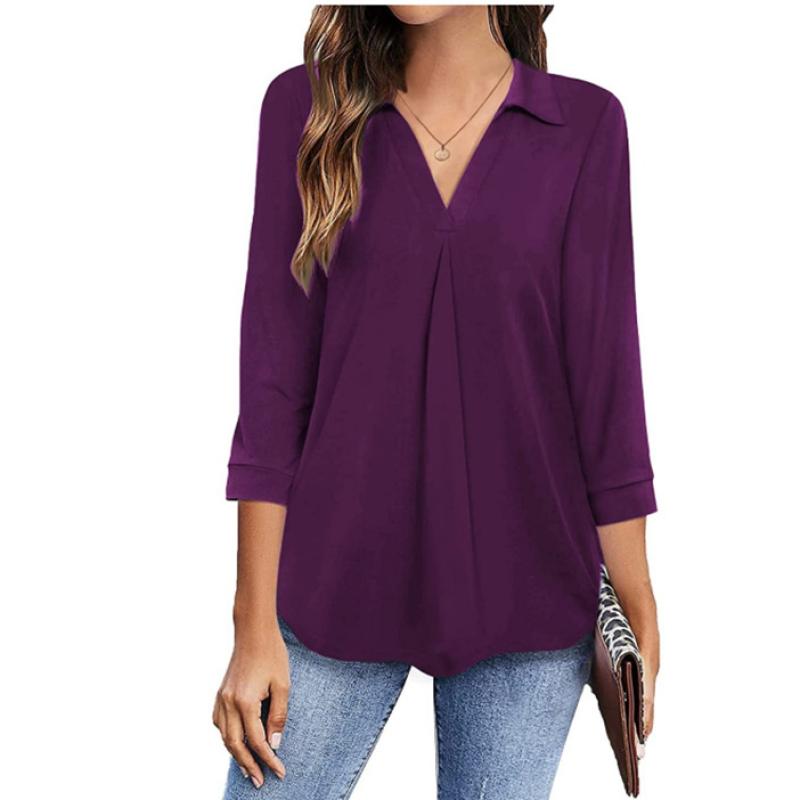 2025 Spring Autumn Women's Chiffon Blouse, Notched Lapel V-Neck Three-Quarter Sleeve Shirt, Loose Fit Solid Color Office Casual Top For Workwear