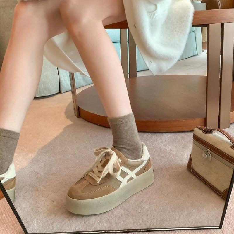 Cowhide color matching platform spring new round head lace-up casual board shoes retro ah Gan shoes