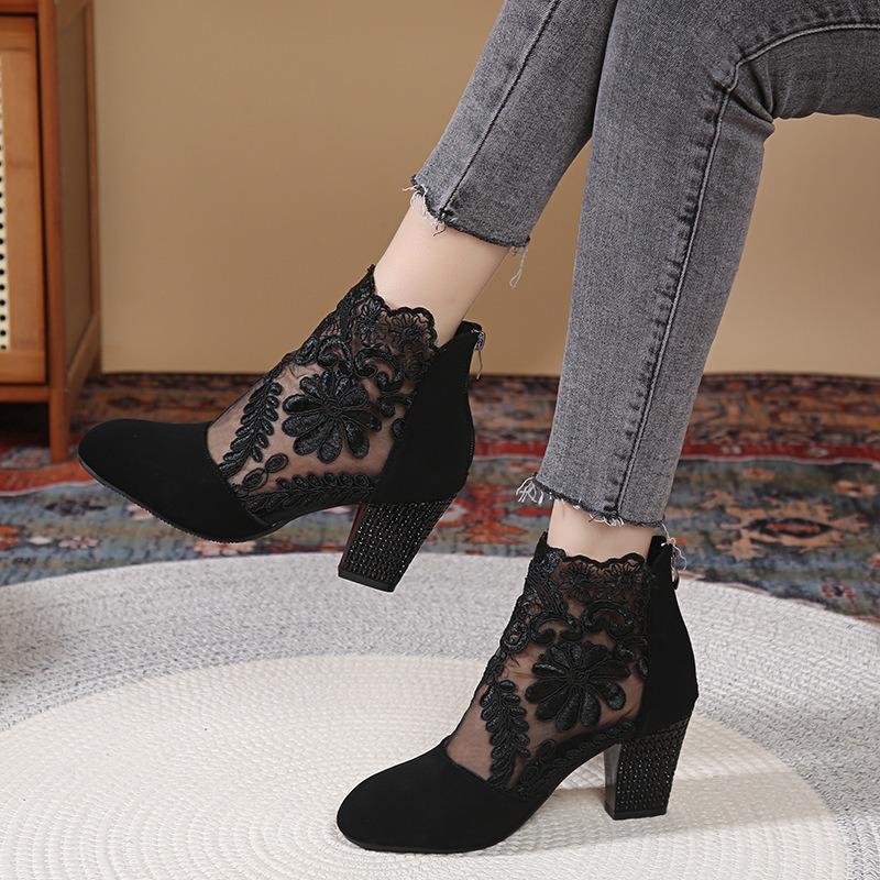 Lace Mesh Thick Heel High Heel Sandals Women's Spring and Summer Large Size Breathable Fashion Round Head Boots Fashion Short Boots
