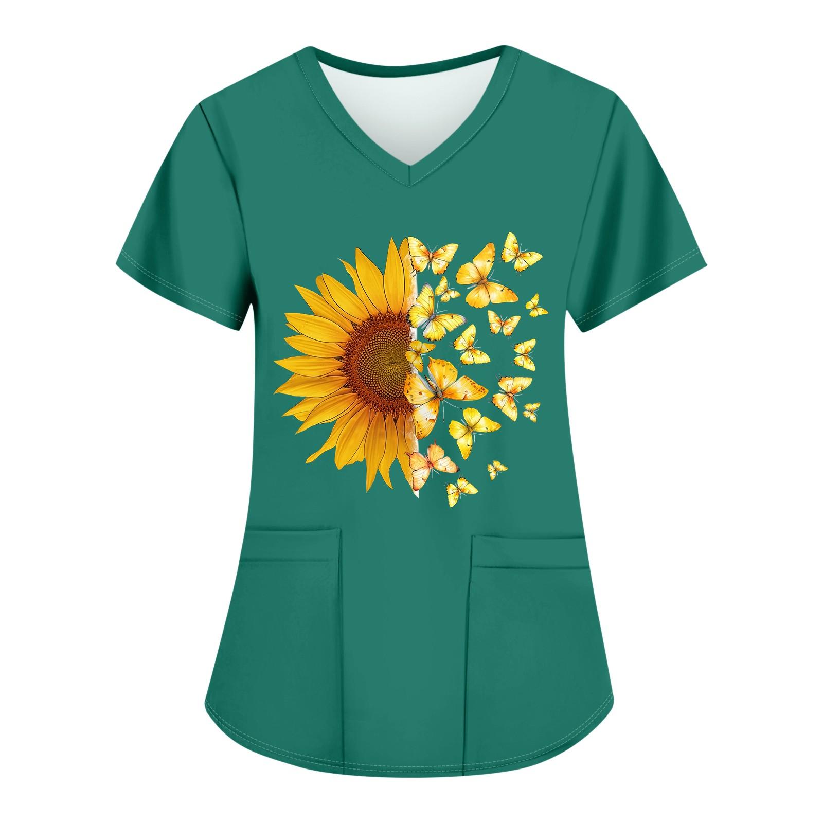 

Жіночі модні робочі футболки з принтом і V-подібним вирізом з короткими рукавами та кишенями XXXXL зелений