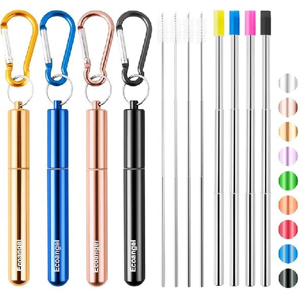 Cruise Ship Essentials,4-Pack reble Collapsible Stainless Steel Drinking Straws with Aluminum Case,Cleaning Brush,and Keycha-Silver,Blue,Red,Green