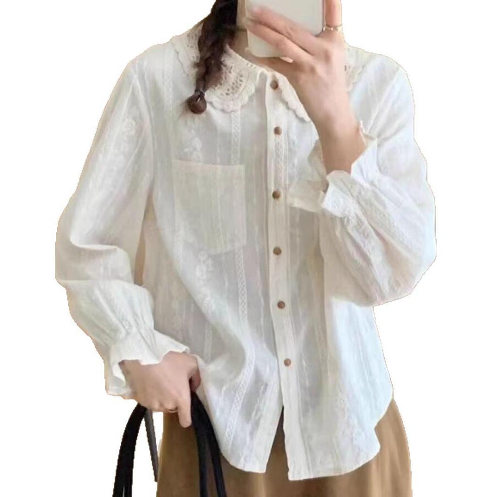 Women's Lace Peter Pan Collar Blouse - Spring 2025: Korean Style, Jacquard Embroidery, Long Sleeves, Loose Fit