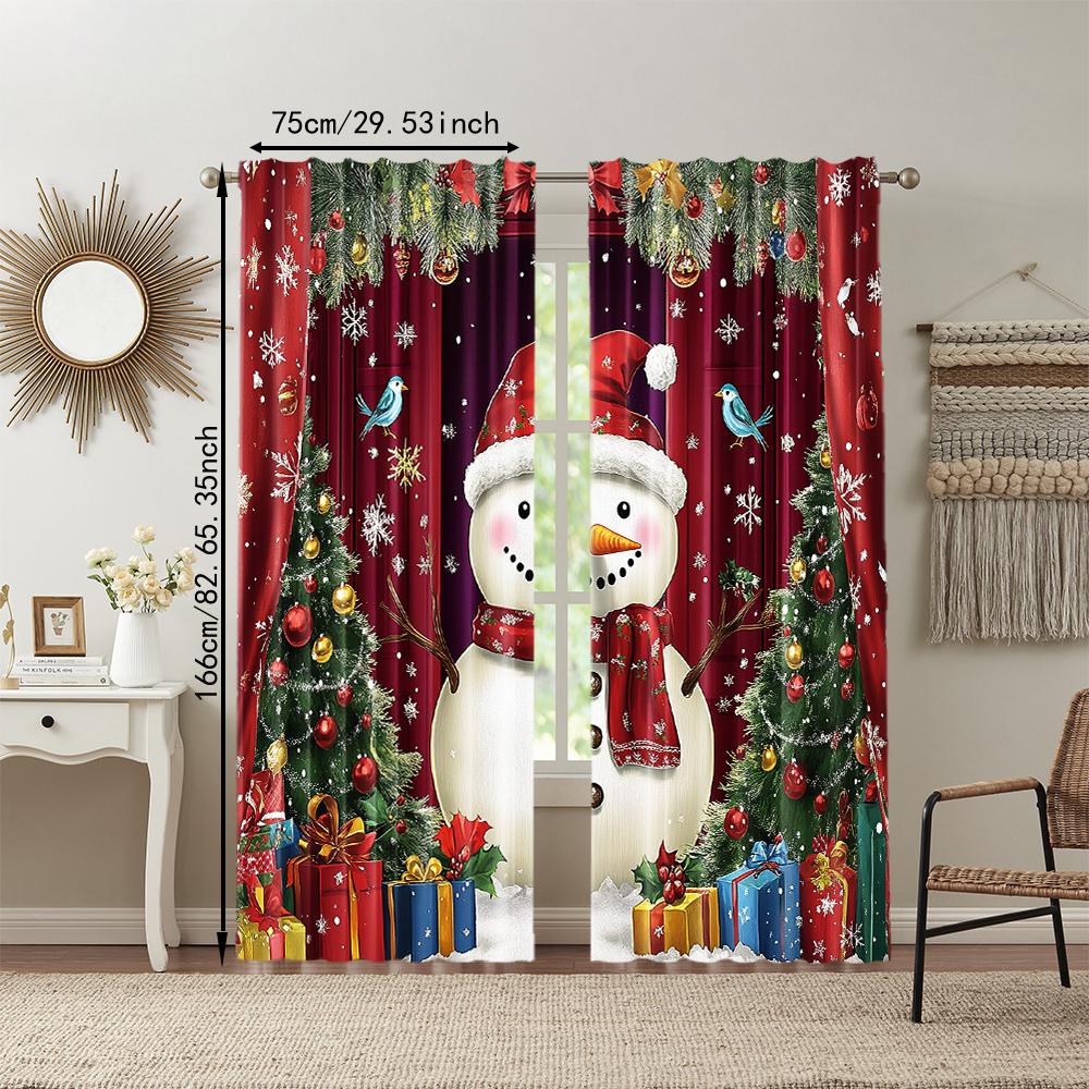 2 stuks Kerst Raamgordijn Sneeuwpop Kerstboom Designs Met Sneeuwvlokken Tunnelzak Polyester Materiaal Voor Woonkamer Keuken