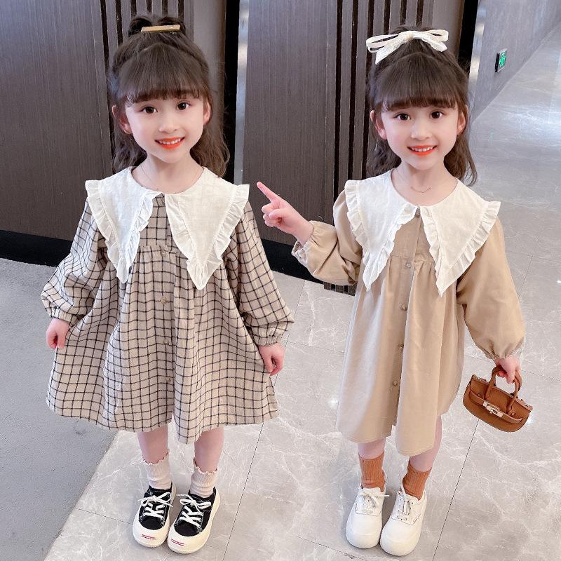 Spring Collection: Girls' Long-Sleeve Plaid Princess Dress In Cotton Linen.