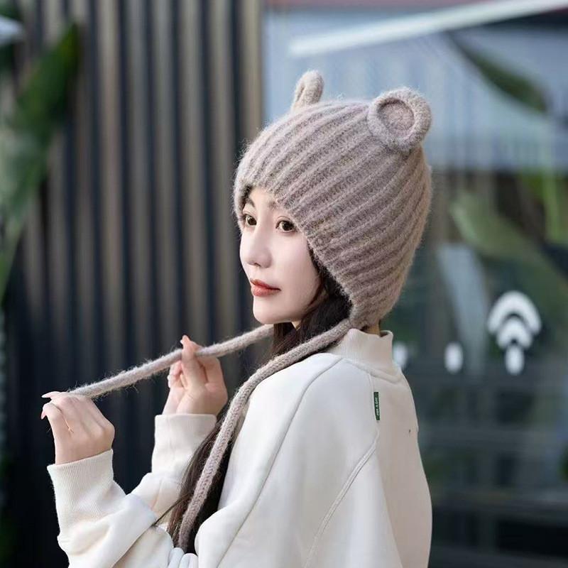 Bear Cute Knitted Hat With Ear Protection And Solid Color Design For Cold Daily