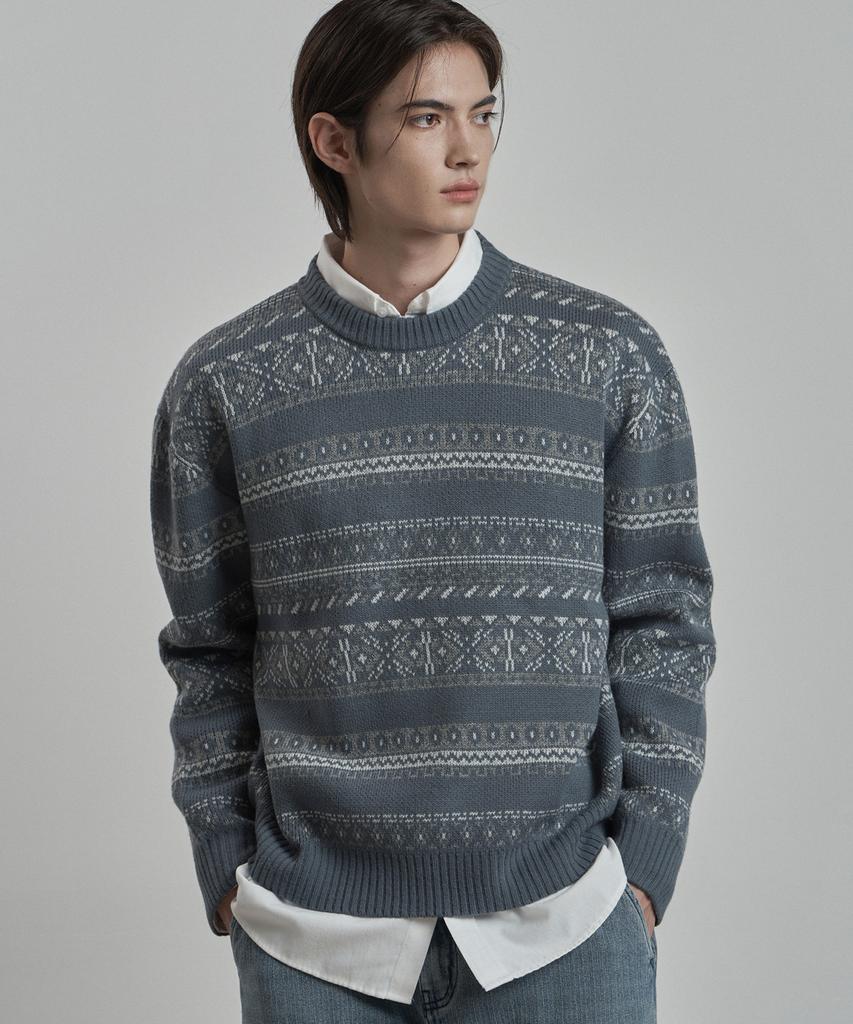 WORK ON BODY OFF Decor Semi-Overfit Fair Isle Knit [Blue]