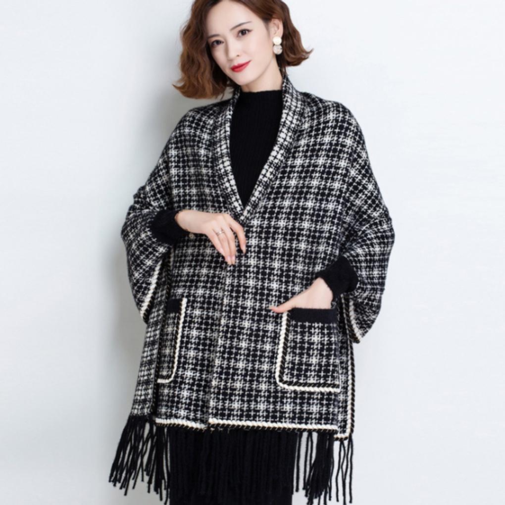 Cashmere Winter Women's Tweed Pocket Cardigan Shawl Cape