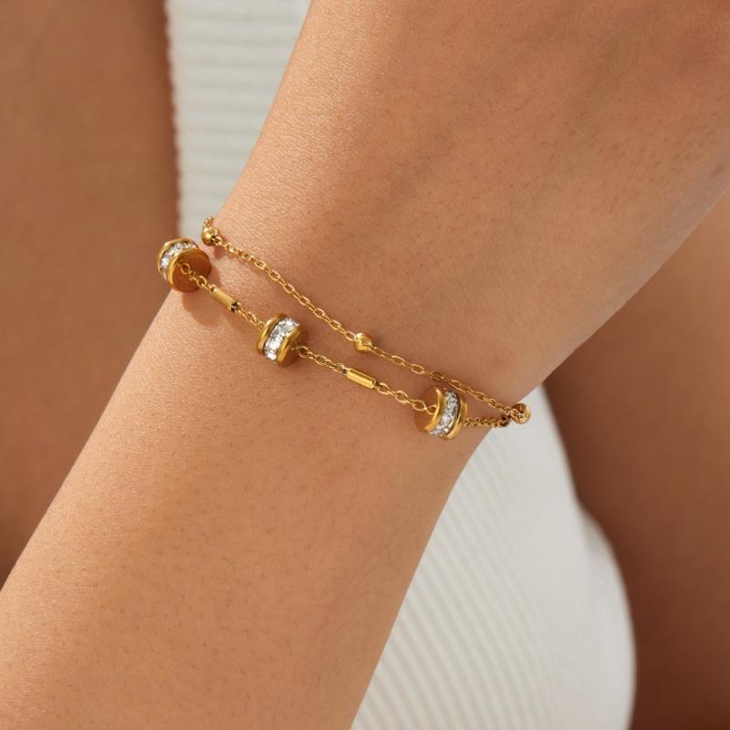 Gold Stainless Steel Cz Pave Cylinder Charm Double Chain Bracelet