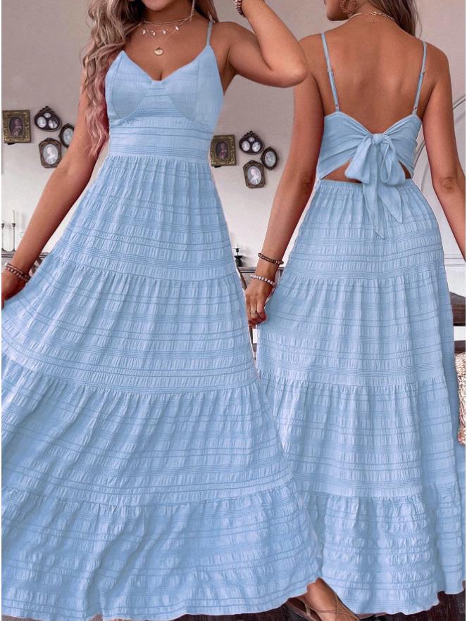 Women's Layered V-Neck Maxi Dress with Thin Straps for Summer Vacation