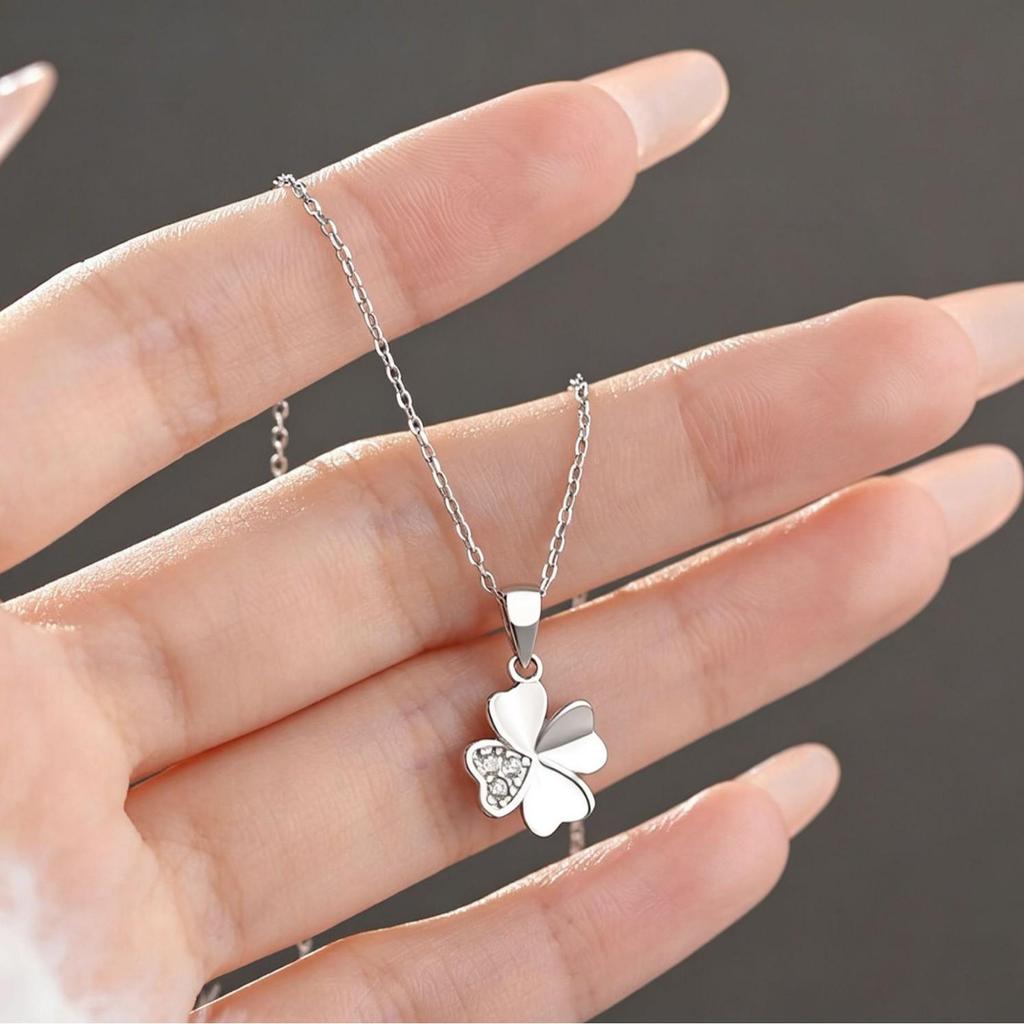 French Four-Leaf Clover Zircon Pendant Necklace - Elegant White Copper Clavicle Chain Jewelry.