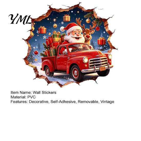 Removable Christmas Decorations Santa Claus Wall Stickers, Retro Peel And Stick Red Pickup Truck & Decals with Home Holiday Accents 3D Breaking