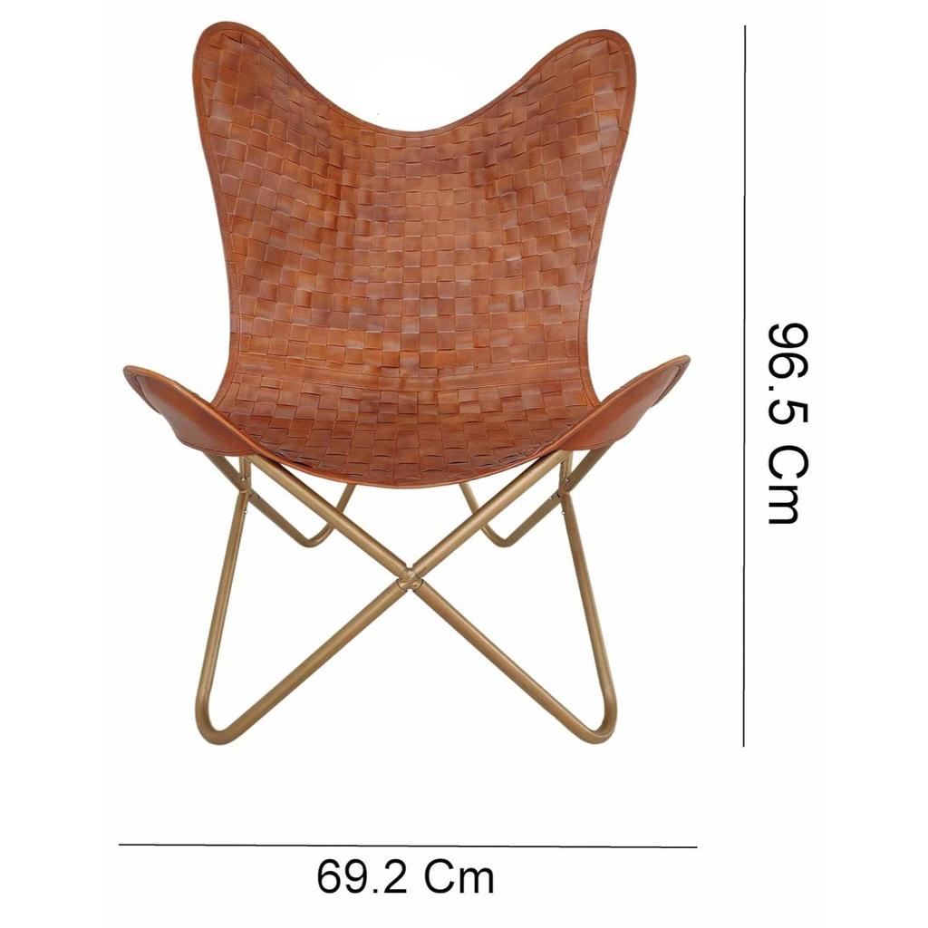 Leather Butterfly Chair-Hand Weaved Tan Brown Leather Butterfly Chair-Handmade with Golden Powder Coated Folding Iron Frame.