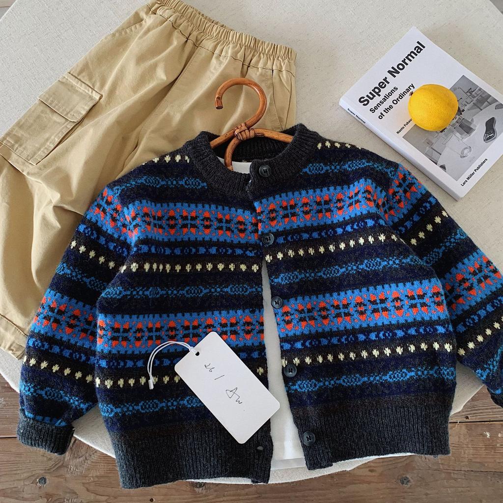 Boys Sweater Autumn New Children'S Foreign Style Jacquard Knitted Cardigan Baby Versatile Autumn Clothes