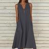 Women's Summer Casual V-neck Button Solid Color Sleeveless Long Dress With Pockets