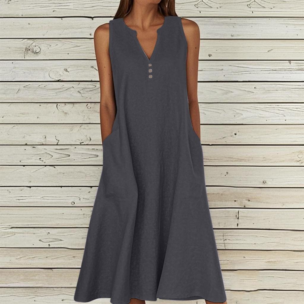 Women's Summer Casual V-neck Button Solid Color Sleeveless Long Dress With Pockets