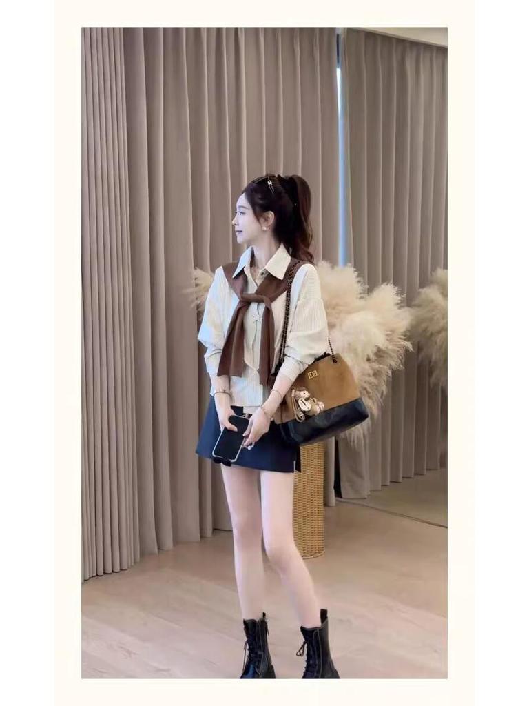 Korean Striped Shawl Long Sleeve Two-Piece Set for Women - 2026 Autumn Slimming Versatile Top