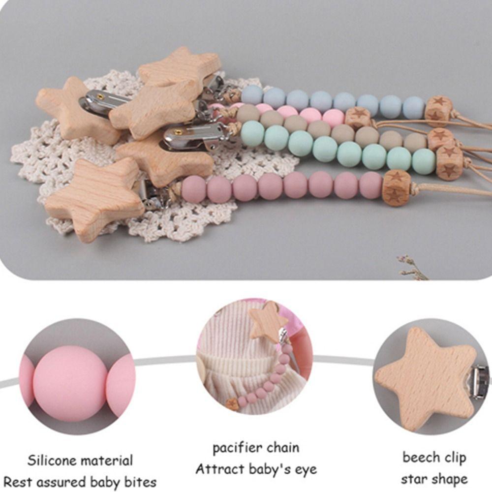 Beads Food Grade Beech Wood Star Pacifier Clips Chains Molar Chain Lanyard Baby Pacifier Chain
