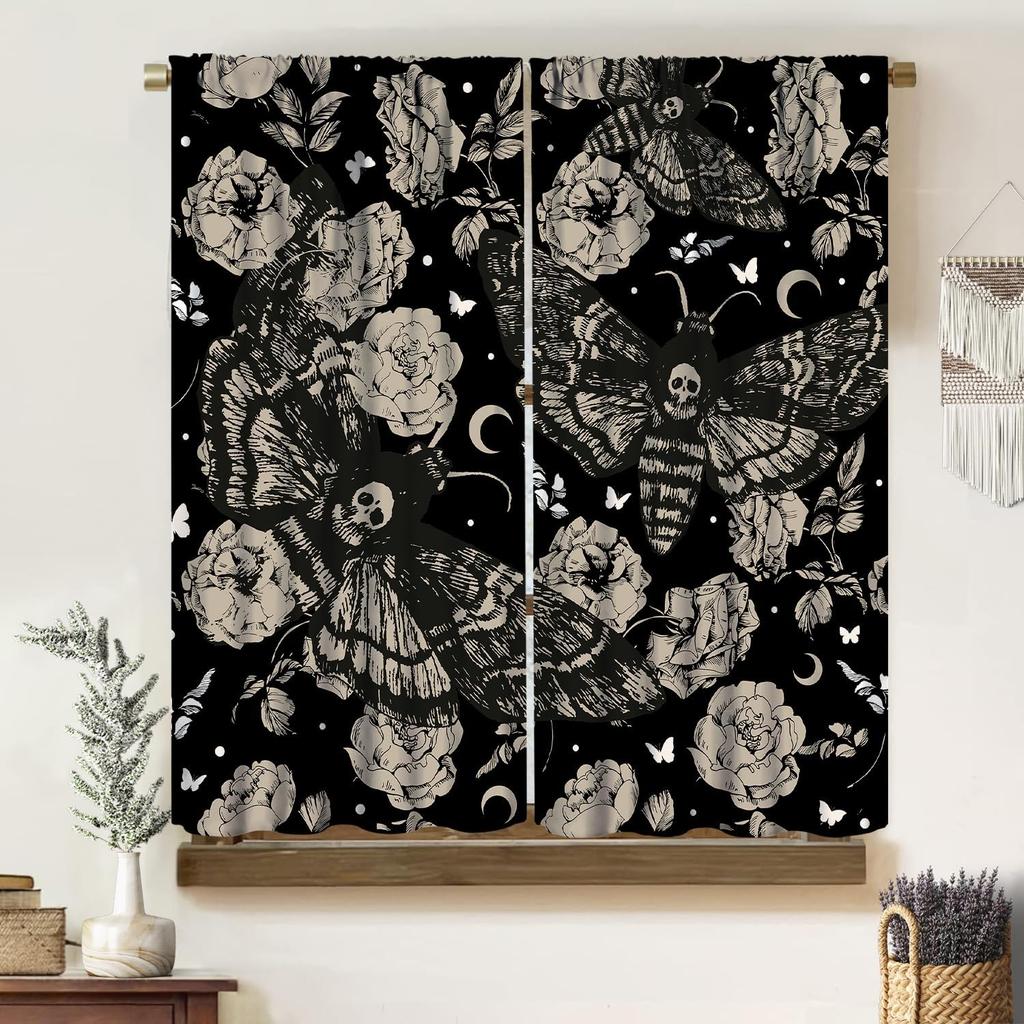 Gotische Rose Skelett Vorhänge Romantisch Schwarz Rot Abstrakt Knochen Floral Küssend Menschliches Schädel Heimdekoration Vorhänge Vorhang Vintage Polyester Mit Stangentasche