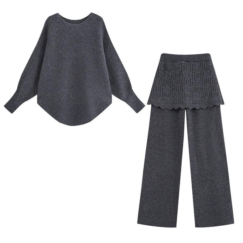 Lazy Style Knit 2-Piece Set Loose Slim Fit Sweater Straight Pants Women