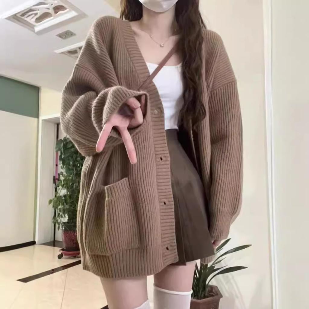 Sweater Cardigan Women's Knitted Jacket Autumn and Winter College Style Students Loose Collar Versatile Solid Color