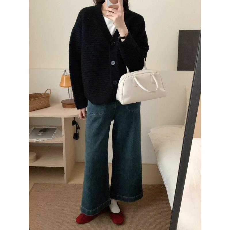 

Простая куртка-свитер с V-образным вырезом, женская, новая, осенне-зимняя, свободная, мягкая, восковая, ленивая, вязаный кардиган-топ average size чёрный