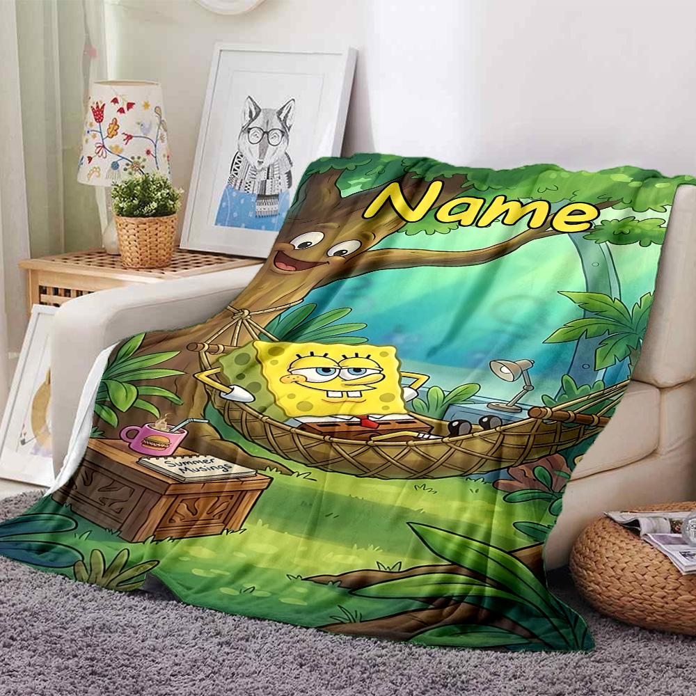 Custom Name Spongebob Forest flannel Blanket for Super Soft Cute Comfort Blanket for Travel Bedding Couch Sofa Blanket