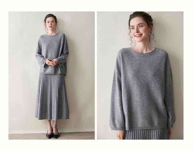 Women's Cashmere Sweater - Solid Color Loose Pullover, Long Sleeve, Korean Style for Autumn & Winter