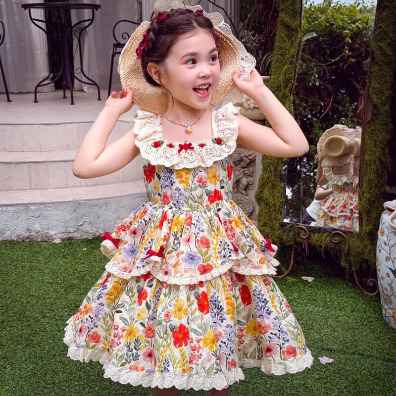 MIMIHELLO Girls  Summer Floral Suspender Dress 120