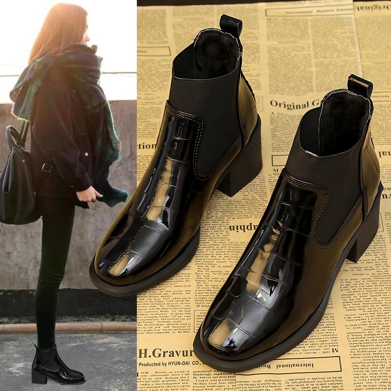 Women's  Autumn/Winter British Lacquer Leather Mid Heel Boots Round Toe High Heels Shiny Leather Women's Boots