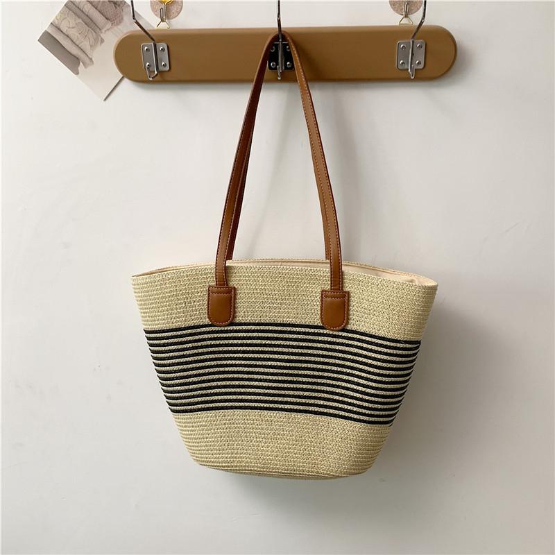 Summer Vacati Women's Straw Woven Shoulder Bags Beach Striped Ladies Bucket Handbags Simple Female Sea Side Large Tote Bag