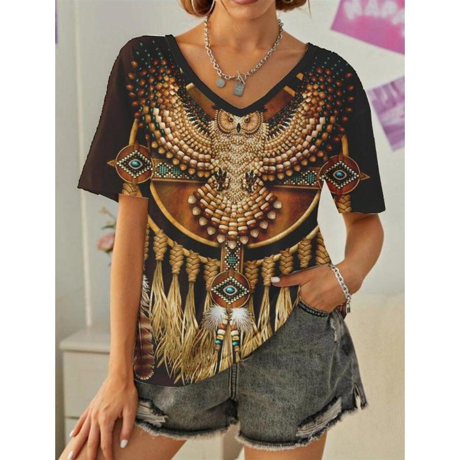 Vintage Women 3D Print T Shirt Short Sleeve V Neck Tops Comfortable T-shirts