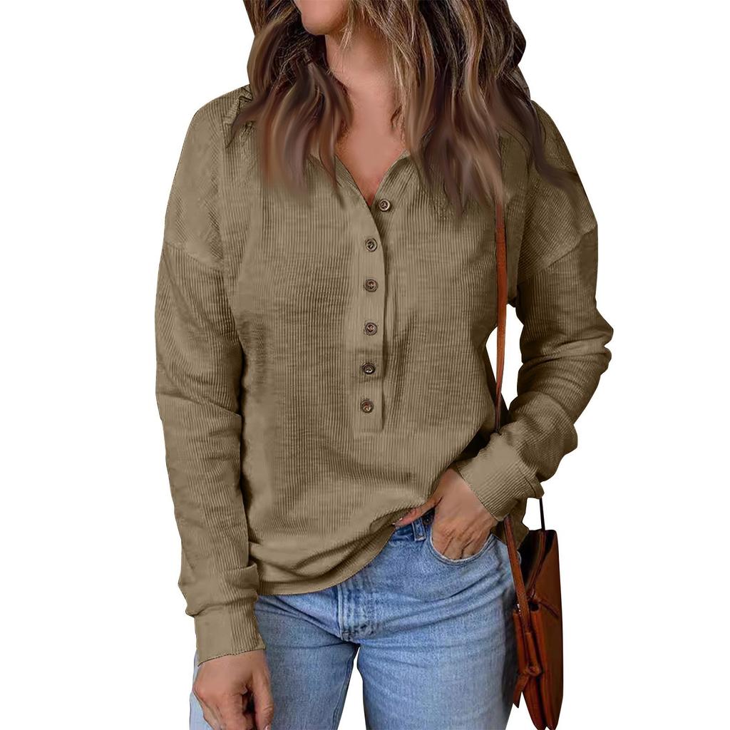 Women's Lapel Button Up Long Sleeved Top Pullover Color Knitted Sweater Loose Long Sleeved