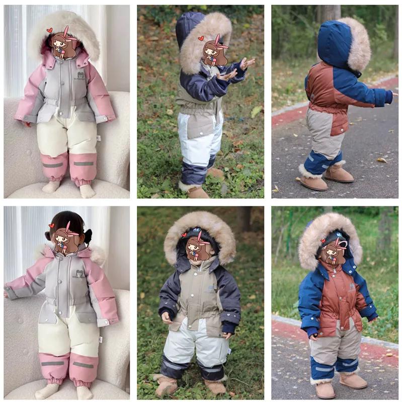 Children Winter Ski Suit Coat Thicken Baby Jumpsuit Warm Children Jacket Waterproof Hooded Kids Baby Clothes 1-5Years