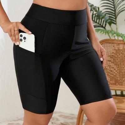 New European and American Women's High-waisted Swimming Trunks Large Size with Pockets Tight and Thin Shorts Swimsuit Bottoms