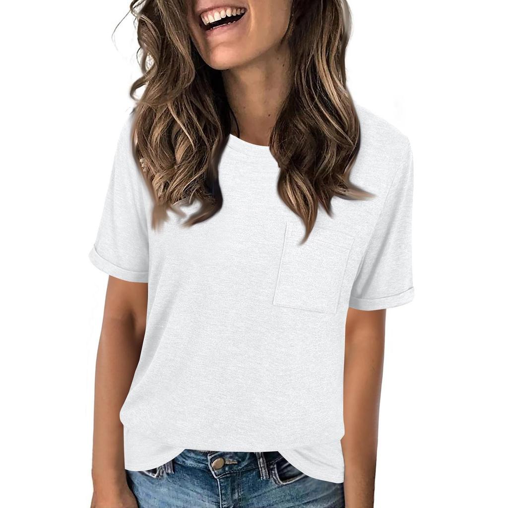 26-3-14-Women's Fashion Round Neck T-Shirt Solid Color Loose-Fit Short Sleeve Top2101