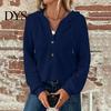 Waffle Knit Pullover Women Fall Winter Top Hooded Loose Buttons Drawstring Hoodie Pure Color Long Sleeves Daily Wear Sport Blouse