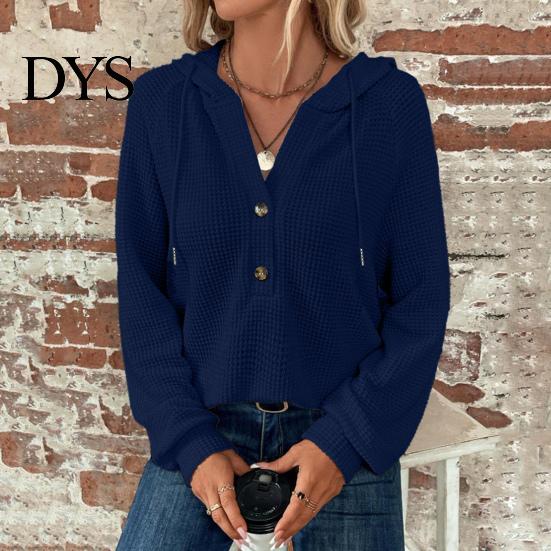 Waffle Knit Pullover Women Fall Winter Top Hooded Loose Buttons Drawstring Hoodie Pure Color Long Sleeves Daily Wear Sport Blouse