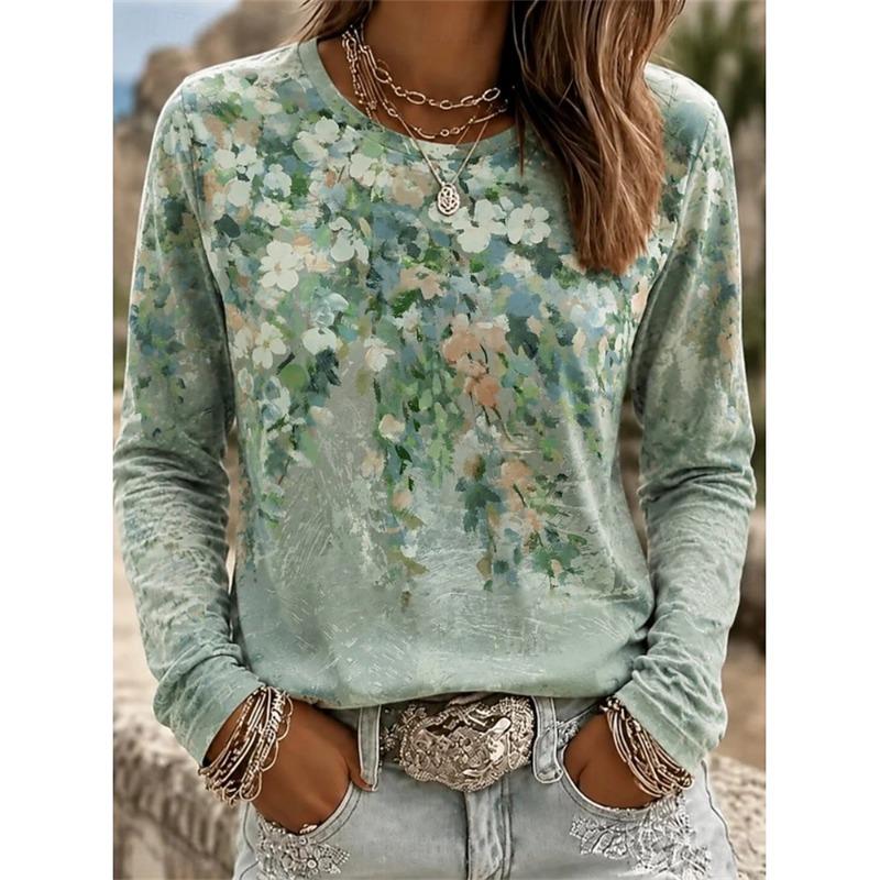 2026 Herbst Neues Damen Langarm Rundhals Lässiges T-Shirt mit Buntem Blumendruck Pflanzenelementen Outdoor Chic Top