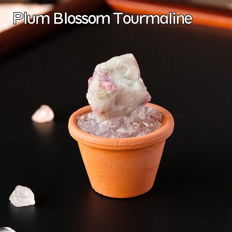 1PC Natural Crystal Stones Set Mini Clay Pot Base Amethyst Quartz Healing Gemstones Potted Plant Style Feng Shui Home Decor