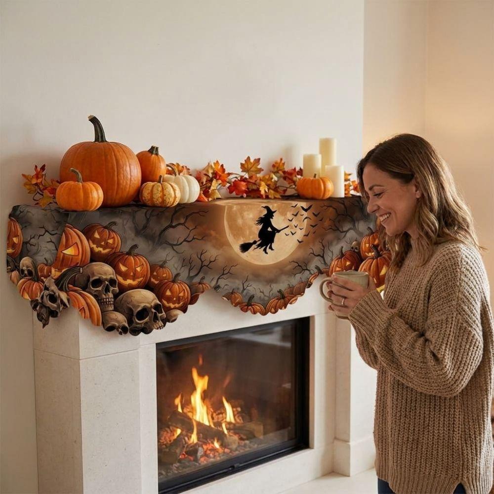 Country-Style Halloween Mantel Scarf Scalloped Edge Spooky Fireplace Topper  Home Living