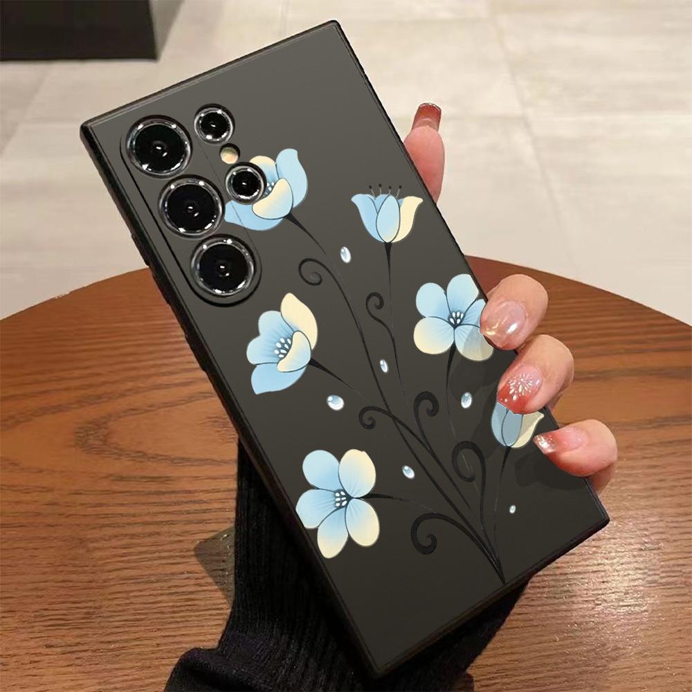 Blue Flower with Curly Stems For Samsung Galaxy S25 S24 Ultra S23 S22 S21 S20 FE Plus Note 10 20 Lite Protection TPU Cover