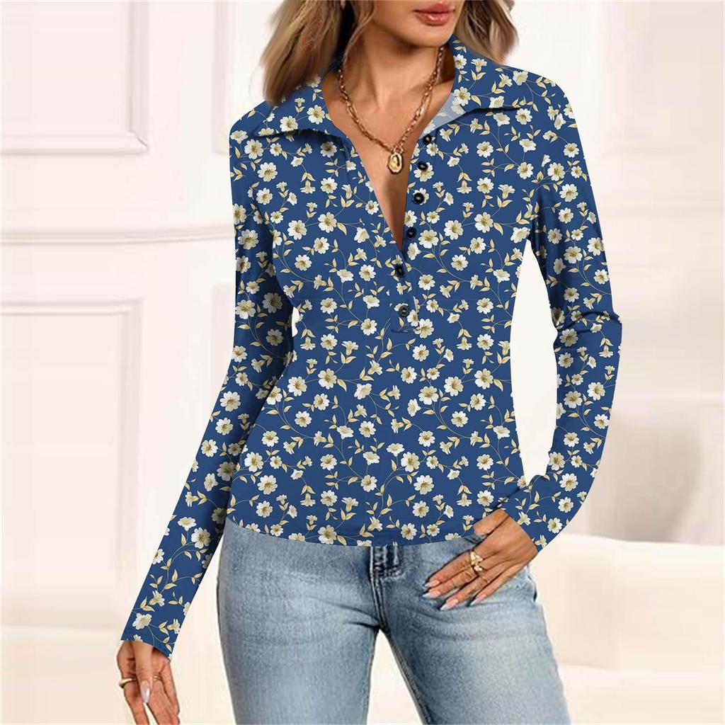 Women's Fashion Casual Printed V-Neck Long Sleeve Button-Down Top