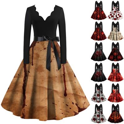 Women Long Sleeve V Neck Casual Dress Halloween Print Vintage Style Fit and Flare Midi Dress with Waist Tie Belt