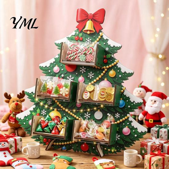 Multi Layer Candy Storage Container Christmas Tree Wooden Display Stand, Acrylic Drawer Organizer for Clear Sweets Party Dessert Table, Holiday Treat