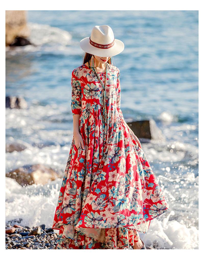 Bohemian Long Red Necklace Set, Ethnic Performance Earrings, Yunnan Seaside Travel Accessories Women