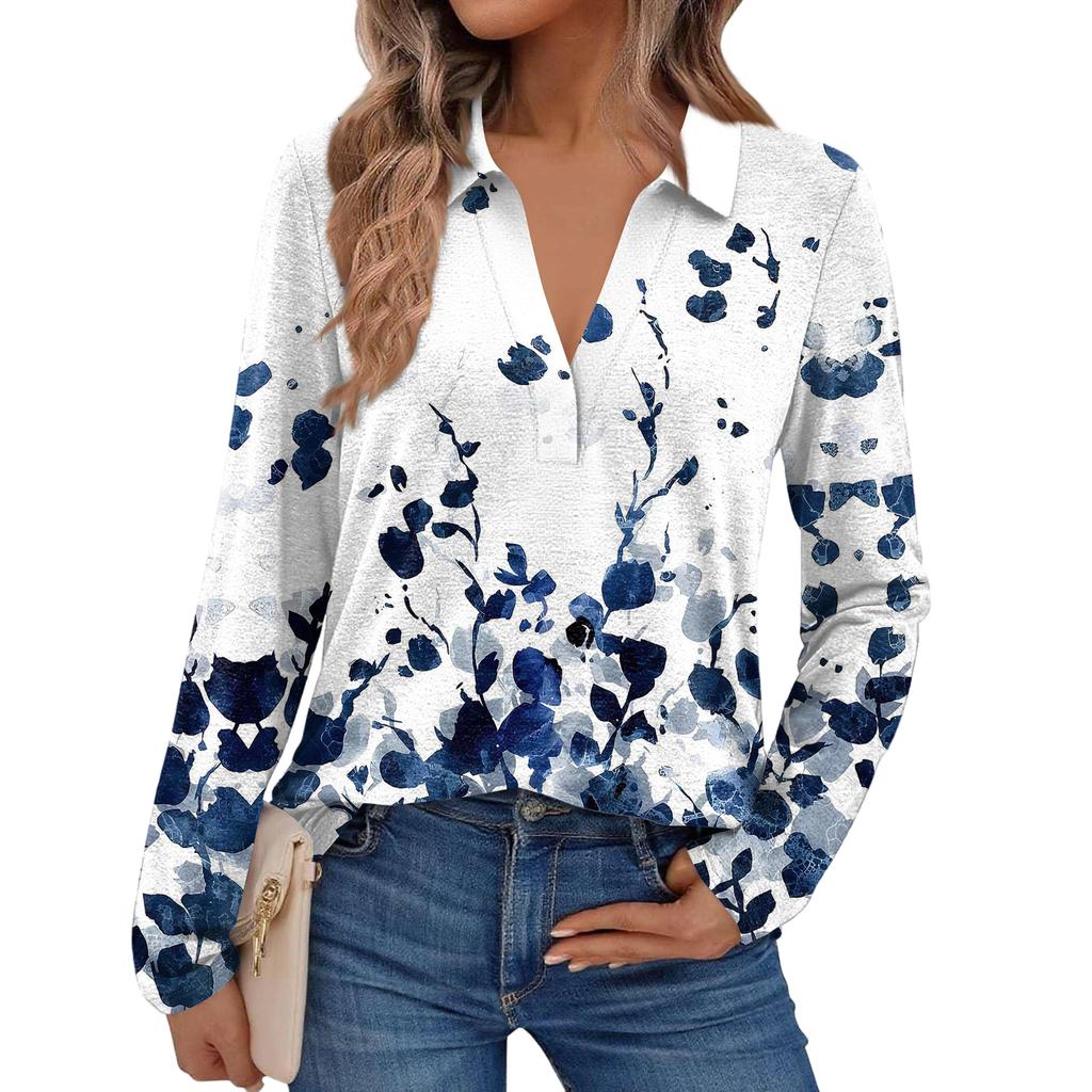 Women's Fashion Long-Sleeved Retro Floral Print Stand Collar  Shirt