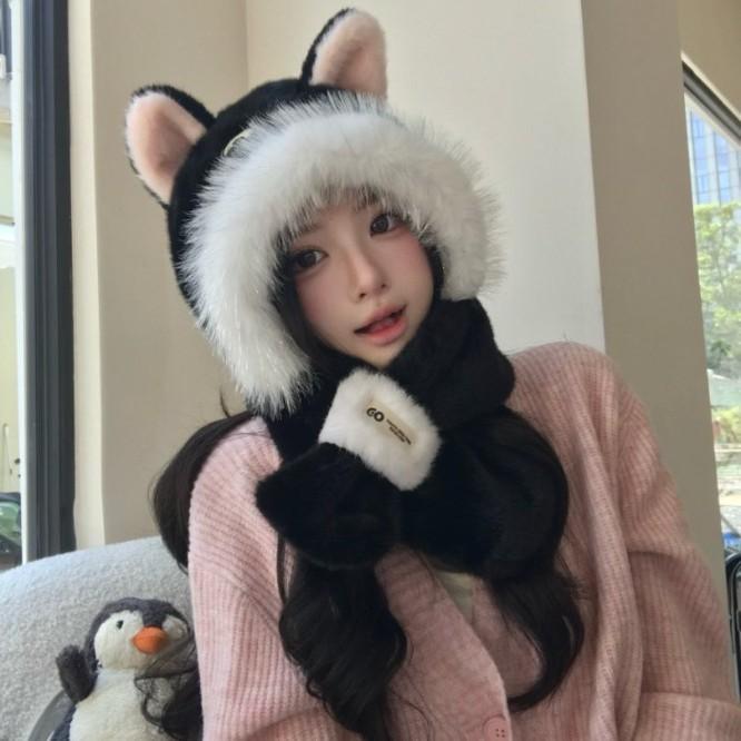 2025 cat ears plush scarf hat two-piece set winter ear protection cute furry animal warm