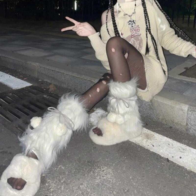 Faux Furs Leg Warmer,Warm Fuzzy Leg Warmer Boot Cuff Cover for Party Costumes Womens Fall Winter Leggings Socks  White Hair Ball 40CM